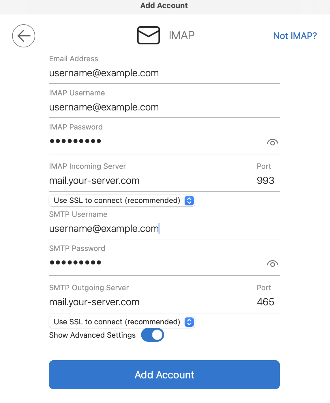 IMAP Settings Screen